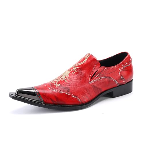 Men's Leather Shoes, Casual red Embroidery Men's Dress Shoes, Wedding Party Banquet Nightclub Stage Host Barber Uniform Office Work Shoes
