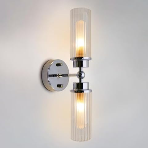 Long Life Lamp Company Twin Ribbed Glass Bathroom Wall Light Polished Chrome Slim Side Mirror Lights IP44 Cover