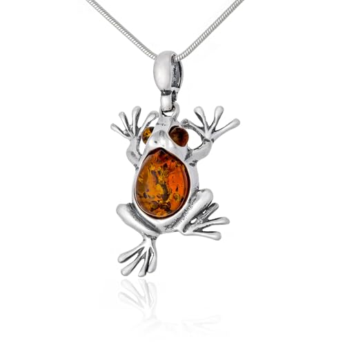 AMBEDORA Collier pour Femmes Grenouille I, Argent Sterling Oxydé, Ambre Baltique Naturel de Couleur Cognac, Pendentif en Argent avec Chaîne