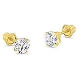 14k Yellow Gold 6mm Basket Round Solitaire Cubic Zirconia Children Screw Back Baby Girls Earrings