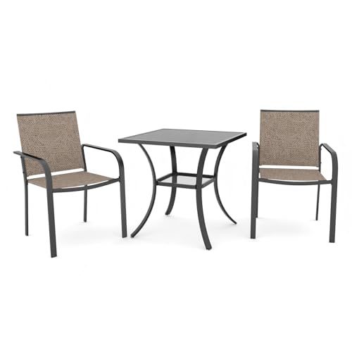 Image of Anmutig 3-Piece Outdoor Dining Set, Small Metal Bistro Table with 2 Stackable Patio Chairs, 27.5 x 27.5 Inch Square Table, White Fabric