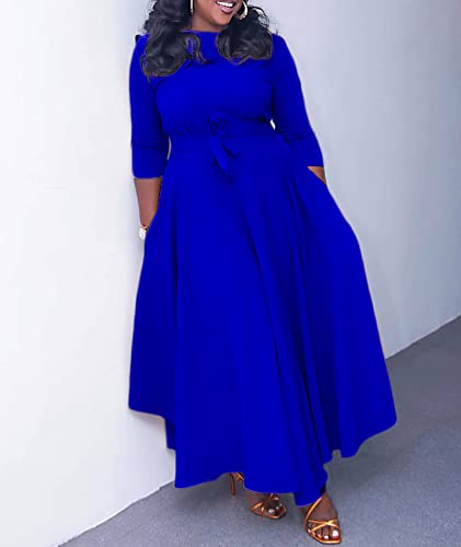 Image of SEMATOMALA Women's A Line Self Tie Waist Maxi Dress Round Neck Long Sleeve High Waist Plus Size Swing Flare Long Dresses