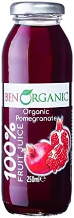 BenOrganic Pomegranate Juice (12 x 250ml) Glass Bottles, Organic Juices, Sugar and Additives Free - Not from Concentrate