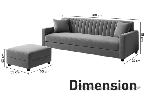 Image of Rosebell Sofa Set with Ottoman Combo Three Seater Sofa Set with Matching Footrest for Living Room & Office, Guest Room - Grey Color