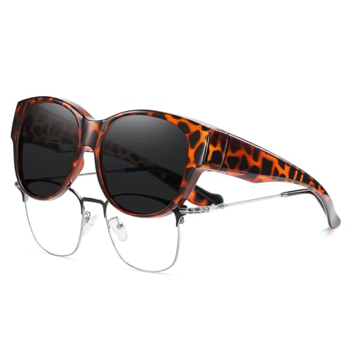 HAOLOTA Fit Over Glasses Sunglasses for Women Polarized, Trendy Cat Eye Sunglasses Wear Over Glasses, UV Protection L Size A03 Brown Tortoise/Grey