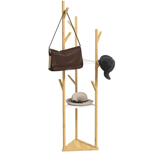 Homcom Appendiabiti Da Terra In Bambù, Albero Appendiabiti Con 8 Ganci E 3 Ripiani Per Ingresso, Attaccapanni Da Terra Per Giacche, Cappelli, Vestiti,