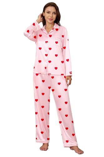 Image of Schbbbta Girls & Women Satin Pajamas Set, 2Piece Silk Nightwear Button-Down Sleepwear for Teen Kids, 3 Years - Women XXL