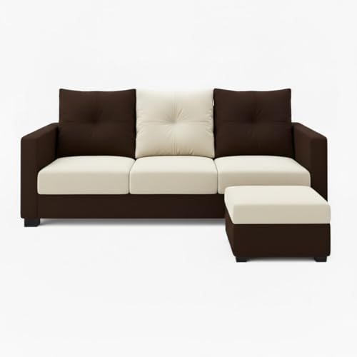 Image of FURNY Amonster 4 Seater L Shape Sofa Set with Movable Ottoman | Flexible Left or Right Layout | Plush Velvet Fabric (Dark Brown-Cream) | Perfect for Living Room, Guest Room & Office