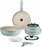 Tefal Ingenio Serenity - Juego de 2 Sartenes 22/28 cm + Wok 26 cm + 2 Cazos 16/20 cm + 4 Accesorios + 2 Mangos, Revestimiento Antiadherente, Apilable, Inducción, Apto lavavajillas y horno, Eucalipto