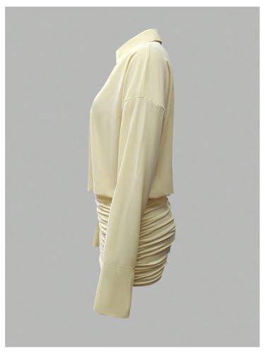 GORGLITTER Women's Sheer Button Down Shirt Dress Mesh Long Sleeve Ruched Bodycon Mini Dresses Sexy Summer Going Out Outfits Yellow Large