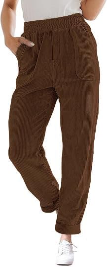 Corduroy Pants for Women Elastic High Waist Pull On Straight Leg Slacks Casual Fall Trousers with Pockets - Image 2