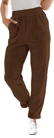 Corduroy Pants for Women Elastic High Waist Pull On Straight Leg Slacks Casual Fall Trousers with Pockets