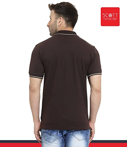 Image of Scott International Men's Regular Fit Half Sleeve Organic Cotton Polo T-Shirt (SS20-SP21-S Coffee Brown with White Small)