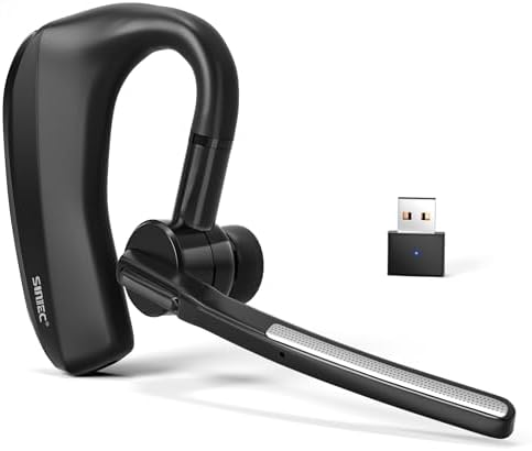 Bluetooth Single Ear Headset with Mic, Dual Microphone Wireless Headset with Dongle Compatible to Connect to Your PC Mac Works with Teams, Zoom More Noise Canceling