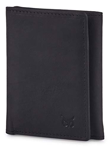 Trifold Wallets for Men Real Leather Slim Front Pocket RFID Blocking Travel Credit Card Case with ID Window in Gift Box (Black Crazy Horse)