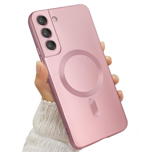 Amzfield Magnetic for Samsung Galaxy S22 Plus Case for Women Men Girls [Compatible with MagSafe] [Camera Lens Protector] Matte Cute Slim Soft Silicone Bumper Shockproof Metallic Phone Case, Pink