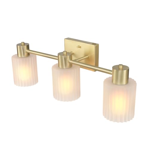 Image of Globe Electric 3-Light Vanity Light, Matte Brass, Frosted Ribbed Glass Shades