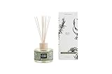 Difusor de varillas perfumadas de vidrio artesanal y embellecedor de madera natural. El aroma se desprende de forma continua a través de las varillas de ratán.