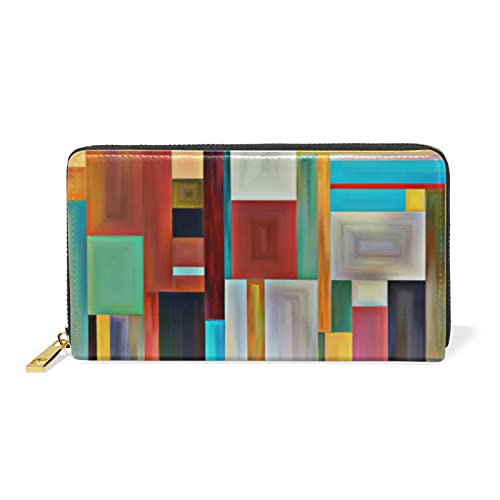 Colorful Checker Plaid Multicolored Stripes Abstract Wood Style Paint Leather Long Wallet Organizer with Zipper Purse Clutch Bag for Women Men