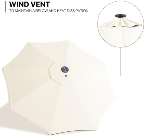 MoNiBloom 9 ft Umbrella for Outside, Solar LED Lighted Patio Umbrella with 8 Ribs Tilt and Crank Lift System Market Table Windproof Fixed Height Umbrella for Pool Deck Backyard, Beige
