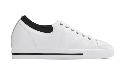 TOTO Men's Invisible Height Increasing Elevator Shoes - White/Black Leather Lace-up Sneakers - 2.4 Inches Taller - D8171 - Size 10 D(M) US2