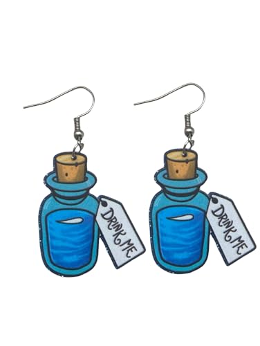 Fun Pair of “Drink Me” Glitter Drop and Dangle Earrings for Alice in Wonderland Costumes, Mad Hatter Costumes and More. Fun Pair of Drink Me Mini Bottle Fan Inspired Earrings for Queen of Hearts Costumes and More.