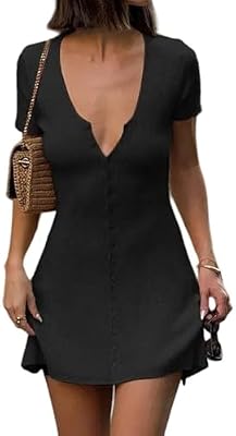 GCZREN Women Sexy Deep V Neck Button Front Knit Mini Dress – Elegant Short Sleeve A-Line with Ribbed...
