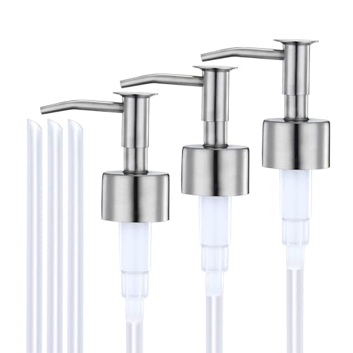 Barlone 3 Stück Seifenspender mit Pumpkopf für Bad und Küche - Glas Badezimmer Dispenser mit Edelstahl und Schneidbarem Strohhalm (Gebürsteter Edelstahl)