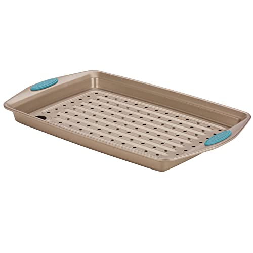 Rachael-Ray-Cucina-Nonstick-Bakeware-Set-with-Grips-Nonstick-Cookie-Sheet-Baking-Sheet-and-Crisper-Pan-2-Piece-Latte-Brown-with-Agave-Blue-Handle-Grips Rachael Ray Cucina Nonstick Bakeware Set with Grips Nonstick Cookie Sheet Baking Sheet and Crisper Pan 2 Piece Latte Brown with Agave Blue Handle Grips