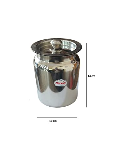 Image of Stainless Steel Glossy Finish Oil Ghee Dani Barni Dabba Dibba Storage Jar Serving Container Pot with Lid for Home Kitchen Mandir (750ml)