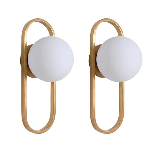 Image of Bektas Gold Wall Lamp Sconces Set of 2 with White Globe Glass Shade - Living Room & Bedroom Wall Lights ETL Listed