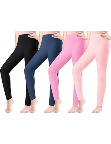 Girls Leggings 4 Pack Stretchy Pants Ankle Length Cotton Full Length Multipack Pull On for Teens 12-14 Years