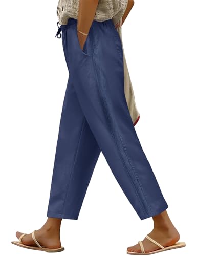 PASUDA Pantalones Mujer Verano 7/8 Algodón Cómodos Largos Pantalón Elástico Cintura Alta Casual Flojo Ligeros Playa Rectos Pantalon Frescos con Bolsillos y Cordón(Azul Marino,L)