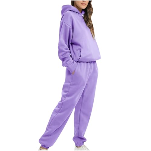 Conjunto de chándal con capucha para mujer, 2 piezas, sudadera con bolsillos para mujer, cómodo traje deportivo de manga larga con capucha, puños, color sólido, conjunto de ropa de descanso de ajuste