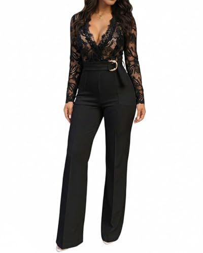 CHICME Womens Floral Lace Jumpsuit Deep V-Neck Casual Fall Long