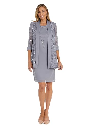 Image of R&M Richards Women's Sequin Lace Jacket & ITY Sheath with Necklace for Mother of the Bride, Cocktail Attire, Evening Wear