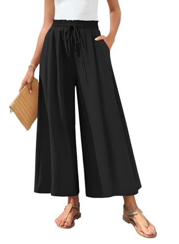 Bestbee Womens Palazzo Pants Dressy Casual Wide Leg Slacks Elastic Waist Business Flowy Pants with Pockets, L, Black