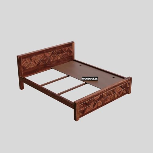 Image of Sheesham Wood Queen Size Bed Without Storage Solid Wooden Bed Furniture Elegant and Functional Bedroom Living Room Home Palang