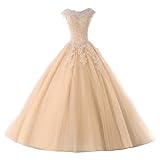Ballkleider Lang Prinzessin Quinceanera Kleider Tülle Brautkleid Abendkleider A-Linie Partykleid Festkleider Champagner 46