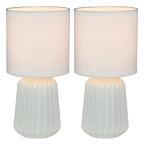 firstchoicelighting Set of 2 White Ceramic Table Lamps or Bedside Lights, White Cotton Fabric Shade, 27cm Height, LED Compatible
