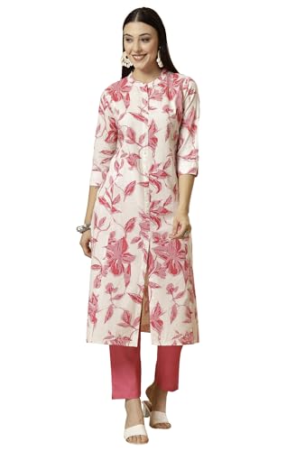 Image of Pistaa's Women's Cotton Regular Fit A Line Floral Print A-Line Regular Kurta