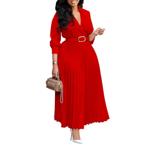 Women’s 3/4 Sleeve Pleated A Line Dress Wedding Guest Semi Formal Office Lady Dresses with Belt Red XL