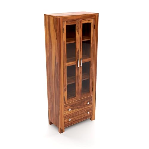 Image of Sheesham Wood Bookcases with 4 Shelves 2 Drawer - Wooden Kitchen Crockery Cabinet for Dining Room Kitchen with Glass Door Book Shelf Wooden Rack for Living Room (James Honey)
