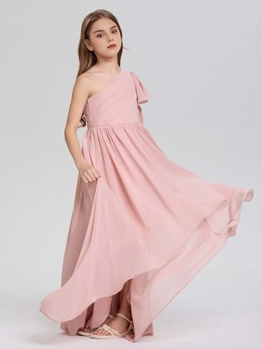 Junior Bridesmaid One Shoulder High Low Chiffon Flower Girl Dress Pleated A-Line Girls Formal Dress4