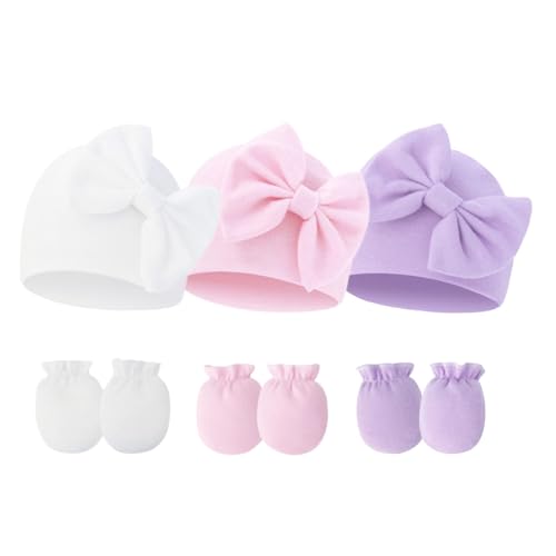 Image of Fecawd Newborn Baby Hats Mittens Sets Bow Infant Caps Gloves No Scratch Mitten Beanie Set for 0-6 Months Girls