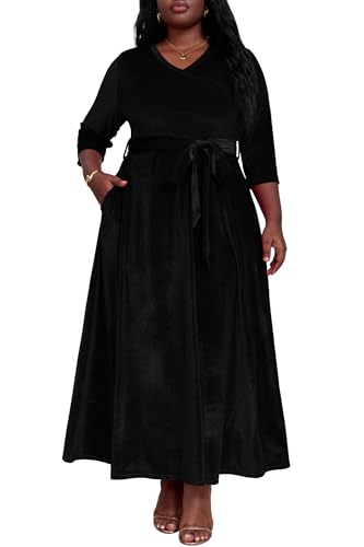 Image of Runwind Plus Size Dress for Women - 3 /4 Sleeve V Neck Maxi Dresses for Women (XL-6XL)