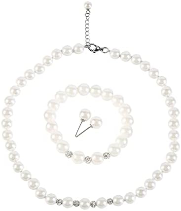 KliSa White 8mm Glass Imitation Pearls Necklace Bracelet Earring Jewelry 3 Set Wholesale for Women Little Girls (14.5inch)