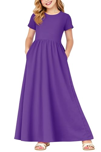 Image of Deerose Girls Maxi Dress Short Sleeve Casual Long Dresses with Pockets 5-14 Years