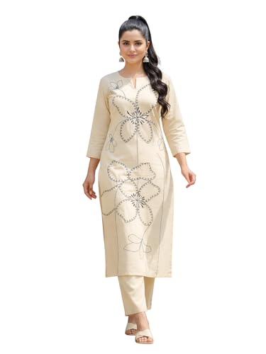 Image of Leriya Fashion Women's Cotton Straight Embroidered Kurta with Pant Set | Ethnic Motifs Work Kurti with Pant for Women | Casual & Office Outfit Ensemble | Kurta Sets for Woman