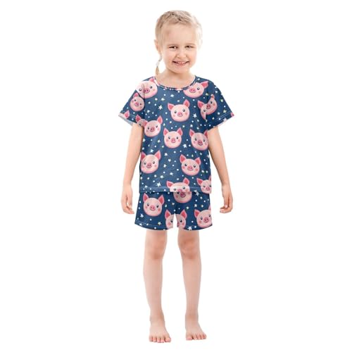 ALAZA Starry Pig Piggy Blue Pajamas Set Short Sleeve Cotton Sleepwear Summer Pjs 2 Piece 5-14Y3